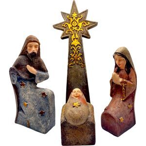 Vintage Nativity Scene 4 Pc Set Mary Joseph Baby Jesus & Star Set Resin Folk Art